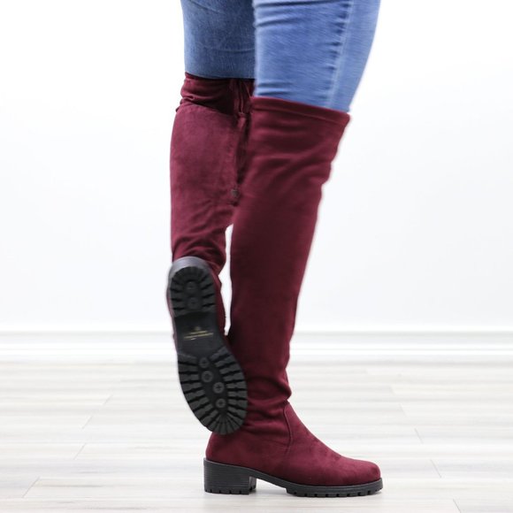 Wine Lug Sole Thigh High Boots Back Lace Tie - Picture 4 of 14